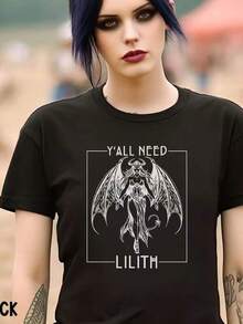 Women's Gothic T-Shirt With Bat Wings And Lilith Print - Dark Witchcraft Design With "Y'all Need Lilith" Slogan - Stretch Polyester/Spandex Short Sleeve Crew Neck Top For Gothic, Vampire, And Dark Fantasy Fans (Machine Washable) - 黑色 - 查看 11