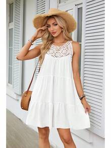 Vestido de Mujer para Primavera/Verano con Encaje Calado y Cuello Halter en Corte A - Blanco - Ver 1