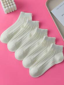 5 Pairs Women's Short Mesh Socks, Breathable & Comfortable, Cute School Style - White - View 3