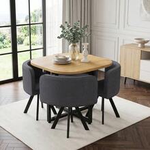 Table And Chair Set For 4 People, Consisting Of A Table (85 X 85 Cm) And Four Linen-Covered Chairs, Suitable For The Kitchen And Dining Room (Oak Tabletop + Grey Chairs) - Grey - View 4