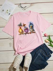 Camiseta de Talla para Mujer con Gráficos de Aves Acuarela Caprichosas - Estilo Urbano en Gris Suave, Cuello Redondo y Manga Corta, Tee Casual Transpirable para Verano y Primavera con Diseño Aleatorio, Camisetas de Pájaros, Confort Diario, Tejido Duradero, Colores Vibrantes - Negro - Ver 8