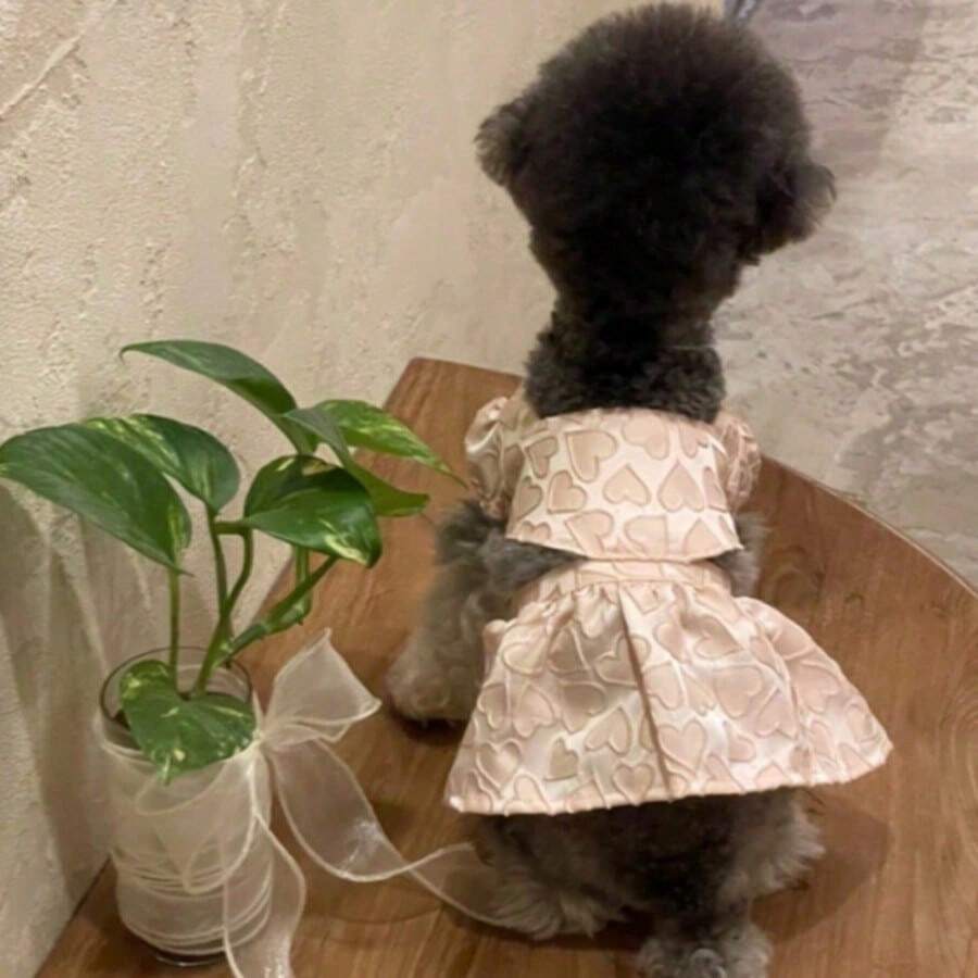 粉色愛心提花寵物洋裝與上衣2件組,適用於貓咪及小型至中型犬、泰迪、比熊、潘達 - 淺粉色 - 查看 1