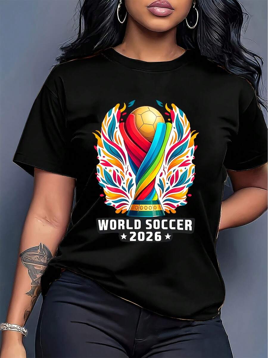 Short-Sleeved T-Shirt With A Fun Football-Themed Print For The 2026 World Cup, Urban Style Print Design, Summer Top, A Must-Have For Fans, Available In Men's And Women's Styles, Ideal As A Birthday Gift For A Boyfriend. - 黑色 - 查看 1