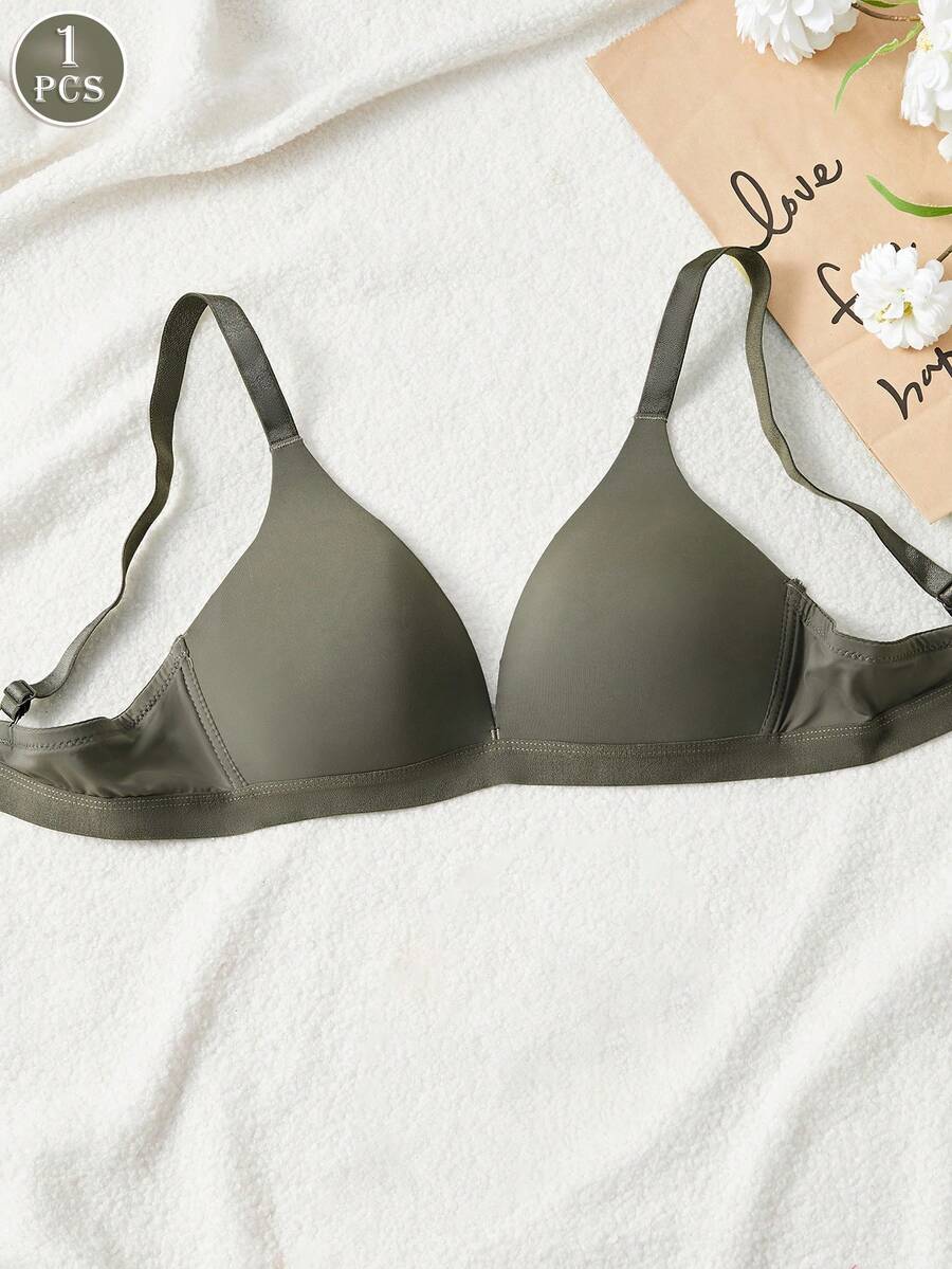 1pc Women's V-Neck Comfortable Wireless Soft Cup Solid Color Bra - Army Green - View 1