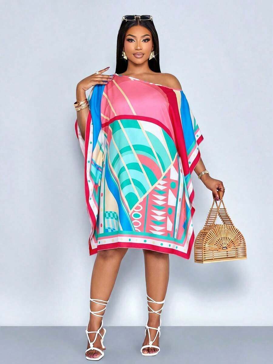 Vestido de mujer de talla para primavera y verano, elegante y para vacaciones casuales, vestido de longitud media con hombros inclinados, hombros asimétricos, pañuelo cuadrado off shoulder, vestido con patrón de rayas en bloque de color negro y blanco, impresión de posicionamiento, impresión tejida, adecuado para uso diario, compras, citas, ropa de amigas, ropa de invitados de boda, ropa de vacaciones, digno y adinerado, vacaciones de lujo tranquilo - Rosa 3 - Ver 1