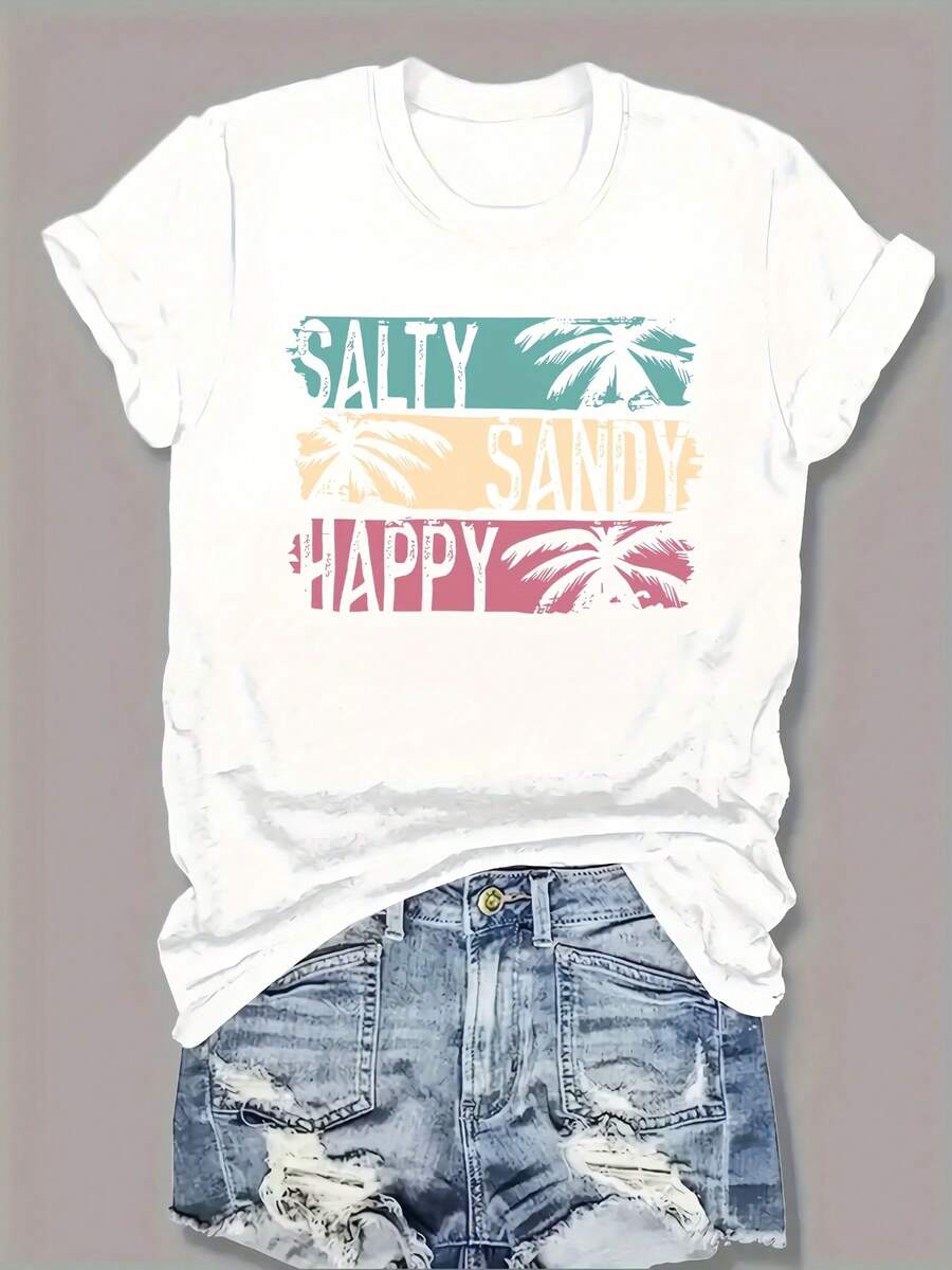New Summer 2025 Collection, Women's Short Sleeve Top, Casual With Print And Round Neck, Elegant - 白色 - 查看 1