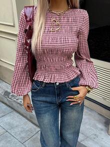 Camisa de manga larga con cuello redondo y cintura ceñida a cuadros, conjunto navideño para mujer, blusa casual con diseño plisado, cintura ajustada, camisa a cuadros elástica - Azul y blanco - Ver 11
