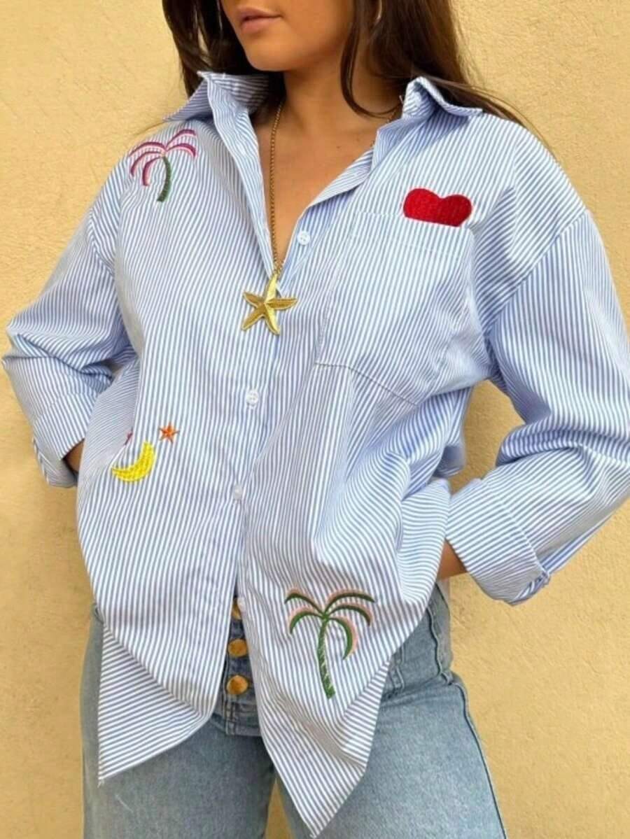 Camisa de manga larga casual con rayas y bordado, blusa casual con bordado para mujer, diseño nuevo de primavera/verano, versátil y de moda para vacaciones - Azul - Ver 1