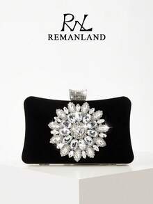 REMANLAND 亮面精緻方型包，優雅時尚手拿包，藍色水鑽鍊條包，適合女性派對、婚禮、晚餐、宴會及其他場合，派對女孩與女性的理想選擇，也是送給女性的最佳禮物 - 黑色 - 查看 8