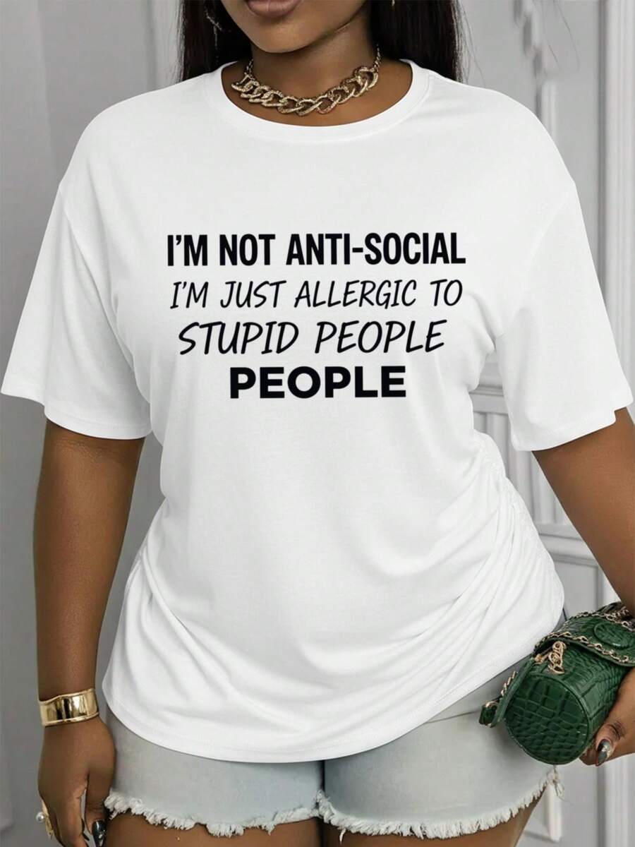 Women's Printed T-Shirt - Casual Short Sleeve Crew Neck T-Shirt In White With Black Text. A Relaxed Fit For All Seasons, Perfect For Everyday Wear And Vacation Outfits. Pair It With Denim Shorts And A Green Handbag, And You're Ready To Go! (Machine Washable). - 白色 - 查看 1