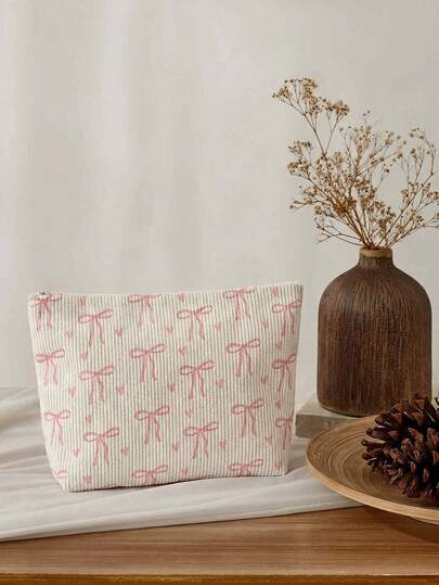 1 Peça Bolsa de Maquiagem Portátil com Decoração de Laço, Impressão Dupla Face, Nécessaire de Viagem com Zíper, Organizador Multifuncional de Artigos de Toalete, Decoração de Outono, Decoração de Quarto