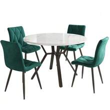 Dining Room Table And Chairs Set (5 Pieces), Modern And Minimalist Style. Round Marble Table, Black Metal Table Legs + 4 Ergonomic Green Suede Chairs. - Black and White - View 3