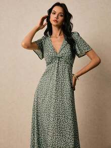 Vestido De Estampado Floral Para Mujer Con Nudo Retorcido Y Abertura Lateral - verde menta - Ver 4