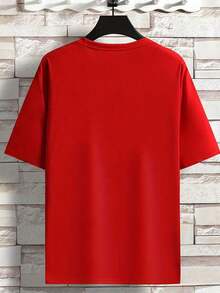 Vintage-Style Printed Short-Sleeved T-Shirt, American Fashion, For Men, Youthful, Round Neck, Casual, Versatile, For Outdoor Sports, For Men, Summer, For Everyday Use, Urban Style. - 紅色 - 查看 2