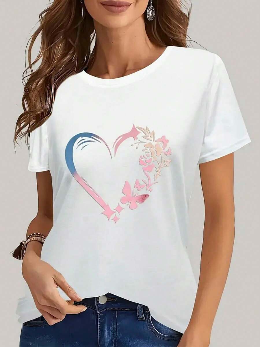 Women's Pure Cotton T-Shirt, Heart Print T-Shirt For Valentine's Day, Comfortable Short Sleeve Round Neck T-Shirt, Breathable Casual Sports Top For All Seasons, Holiday Gift. - 白色 - 查看 1