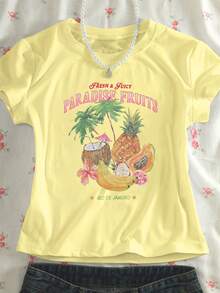 [Summer Blouse With Print] 1 Women's Casual Fitted Blouse, Vacation Style With Coconut, Pineapple, Papaya, Banana, Dragon Fruit, Palm Flower, Star, Fruit And English Letter Print, Creative Design, American Summer Clothes In Ins Style - 白色 - 查看 9
