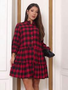 Long-Sleeved Plaid Dress With Buttons. - Rojo - Ver 2