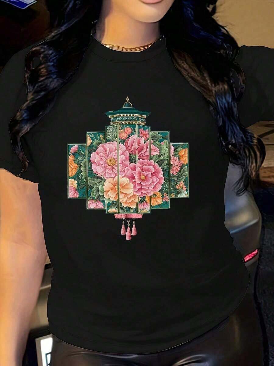 Women's Printed T-Shirt With Floral Peony And Pagoda Print Inspired By Chinese Design - Short Sleeve Top, Soft, Breathable, And Loose Fit With Traditional Chinese Motifs In Green, Beige, Pink, And Gold - Casual And Elegant Shirt For All Seasons (Machine Washable) Casual Wear - 黑色 - 查看 1