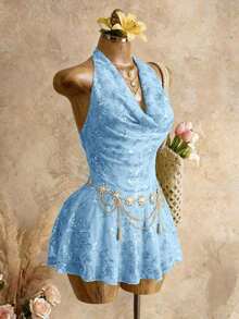 Vestido mini con lentejuelas y espalda descubierta para vacaciones en la playa - Azul - Ver 4