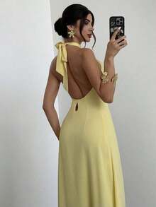 MEXFirerie Vestido suelto sin mangas y con espalda descubierta de color marrón, elegante y casual, adecuado para vacaciones, playa y atuendo de veranoMEX T1VT - Amarillo claro - Ver 6