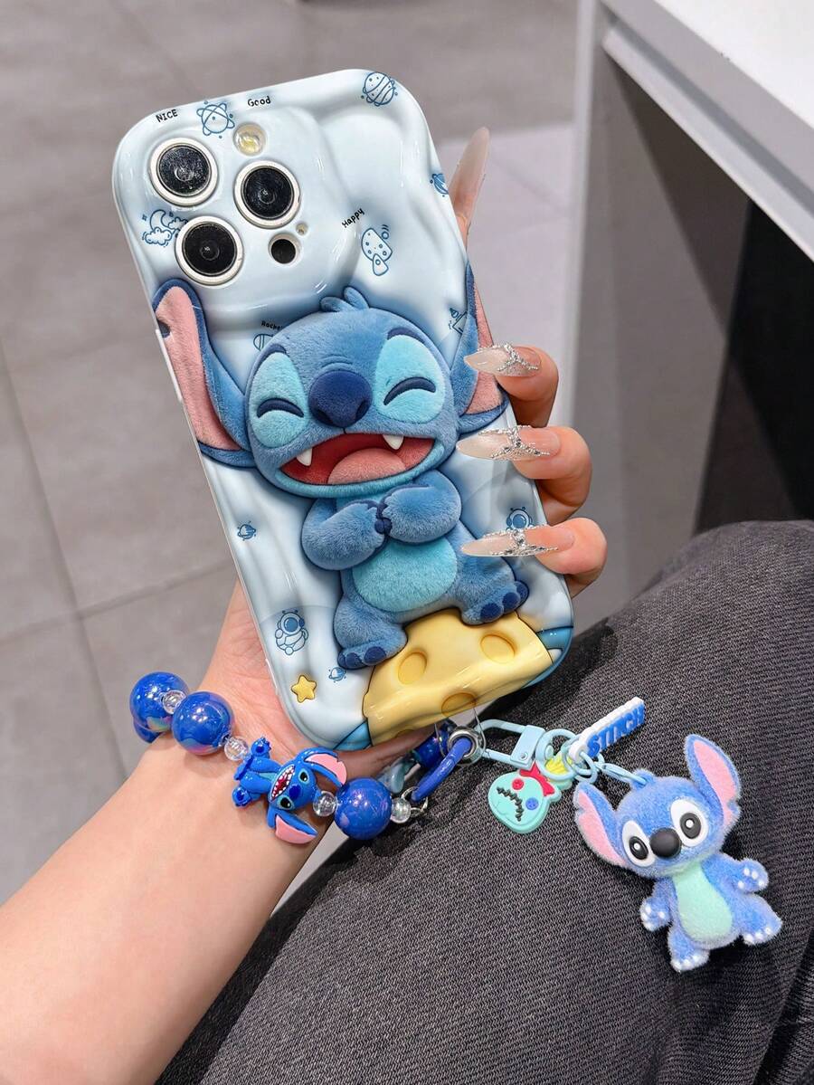 Disney Has Authorized, Phone Case - Chain Set, The Stitch Lilo & Stitch 3D Phone Case Plus A Silicone 3D Stitch Bracelet With Metallic Ring Removable Bracelet, Stitch And Angel Pattern, Compatible With Iphone17/16/15/14/13/12/11/XS/XR/X Plus Pro Max, A Stylish Cartoon Phone Case, The Perfect Gift Choice, Phone Protection, Durable Phone Cover, Great Gift For Friends And Family. - trắng - Xem 1