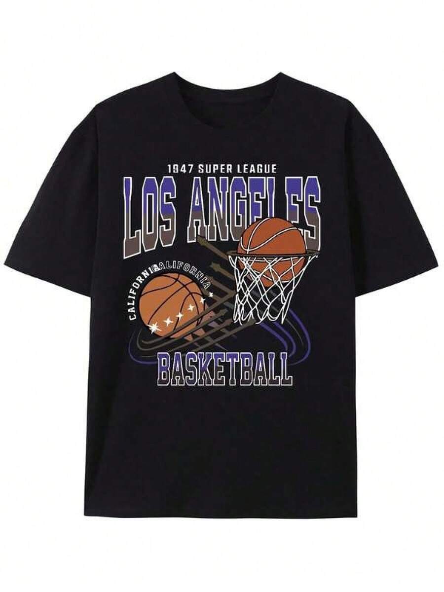 Basketball Print, Men's American Retro Style Crew Neck Short Sleeve T-Shirt, Simple Style T-Shirt, Fashionable Regular Fit, Casual And Comfortable Top, Spring And Summer Vacation, Casual Holiday - 黑色 - 查看 1