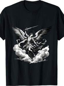 St. Michael The Archangel Graphic T-Shirt - Sword And Cloud Design - Unisex 100% Heavyweight Cotton Religious Clothing For Men And Women (S-XXXL) - Easter, Church, Casual Wear - Machine Washable, Faith-Inspired Garment, Angel Art, Durable, Christian Community - 黑色 - 查看 11