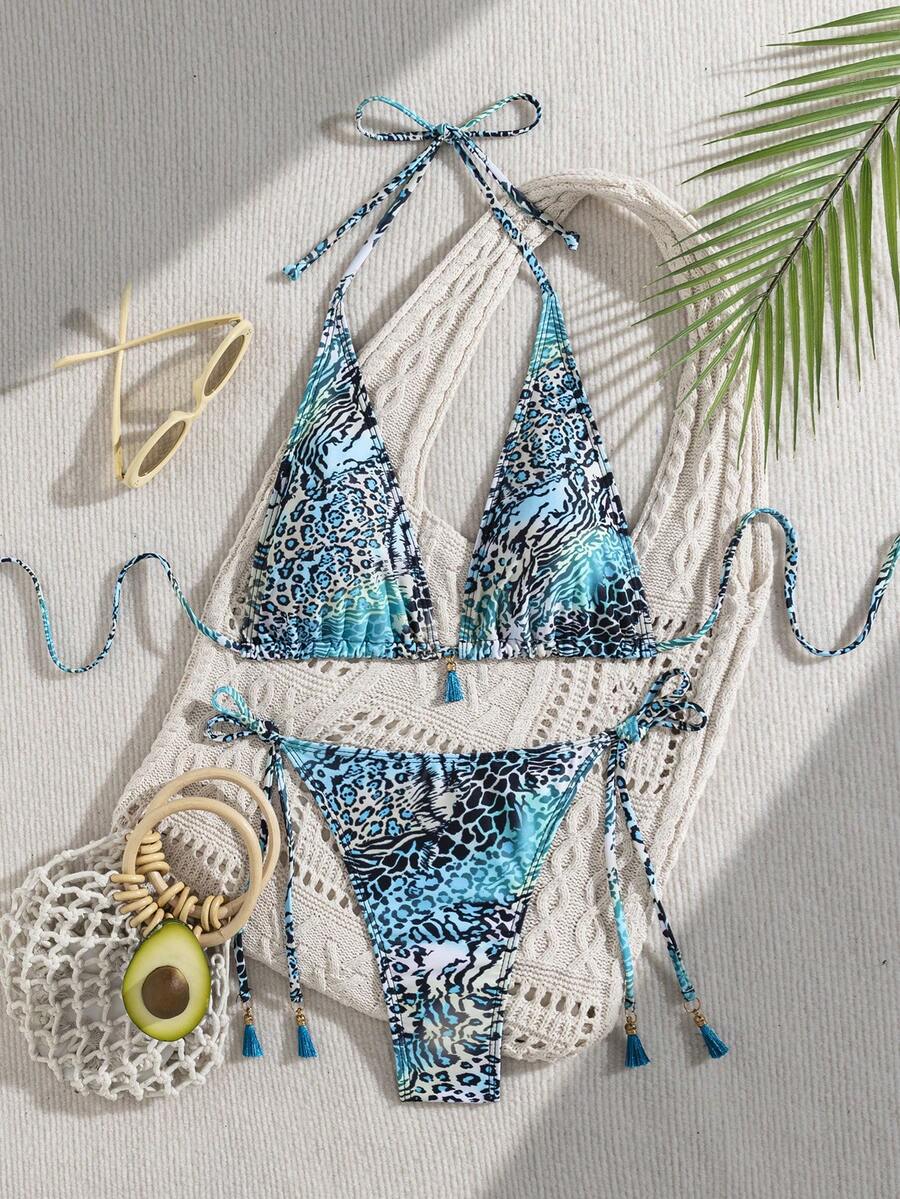 Đồ bơi bikini nữ cổ yếm họa tiết da báo xanh thanh lịch, dây rút, co giãn cao, có tua rua, mặc thường ngày đi biển và hồ bơi - Nhiều màu - Xem 1