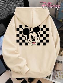 Disney Women's Loose-Fitting Hooded Sweatshirt With Checkerboard Mickey Mouse Front And Back Print Design. Simple And Cute Style, Comfortable And Versatile For Everyday Wear, Suitable For Various Occasions. - Màu be - Xem 5