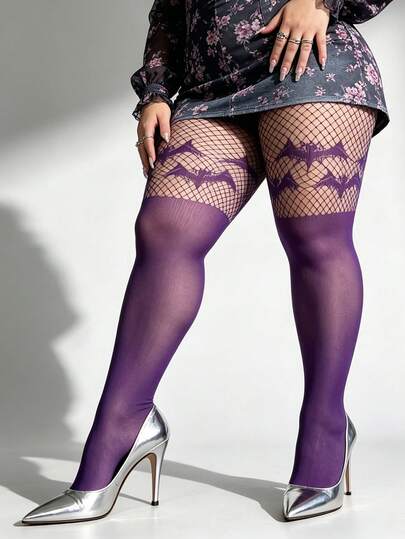 1pc Plus Size Women's Fishnet Leggings, Faux Thigh High Stockings, Bat Animal Jacquard Hollow Fishnet Tights, Thin Sexy Goth Style Sheer Purple Pantyhose, Versatile For Halloween Costume, Vacation, Party, Suitable For Outing