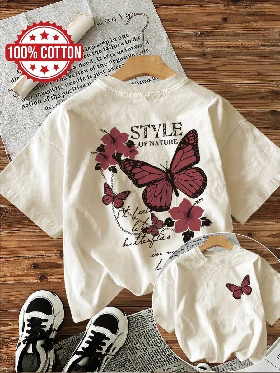 2026 Dam Casual Kortärmad Rundhalsad T-shirt – Dubbelsidigt Fjärils- & Blomtryck med Texten "Style of Nature" – Maskintvättbar – Komfort Året runt – Söta T-shirts – Andningsbart Tyg – Slitstark Skjorta med Tryck - aprikos - Visa 1