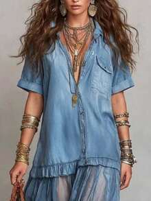 2026 Summer New ArrivalsWomen's Spring-Summer Short-Sleeve Non-Fabric Shirt-Style Tiered Dress | Casual Fashion Design Showcasing Relaxed Temperament, - 藍色 - 查看 4