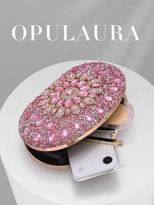 OpulAura 1件装粉色奢华闪亮水晶水钻迷你盒式手拿包，优雅闪亮钻石晚宴包，时尚派对/婚礼/正式场合手提包，带链条 - 粉色 - 查看 3