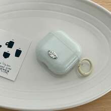 韓式簡約淺藍條紋金屬吊牌+米色圓環耳機保護套，適用於AirPods Pro 3、New Pro 2、Cute Apple 4 Minimalist 3、Personalized 1/2，春夏耳機保護套/生日禮物/節日禮物 - 淺藍色 - 查看 3