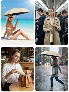 UPF 50+ 旅行折疊傘，附防水收納袋，耐用防紫外線遮陽傘，馬卡龍色迷你傘，適合男女通勤，輕巧堅固，雨天、晴天、車上、郵輪、度假、海灘、露營理想選擇，旅行必備配件 - 折疊傘帶收納盒 - 查看 5