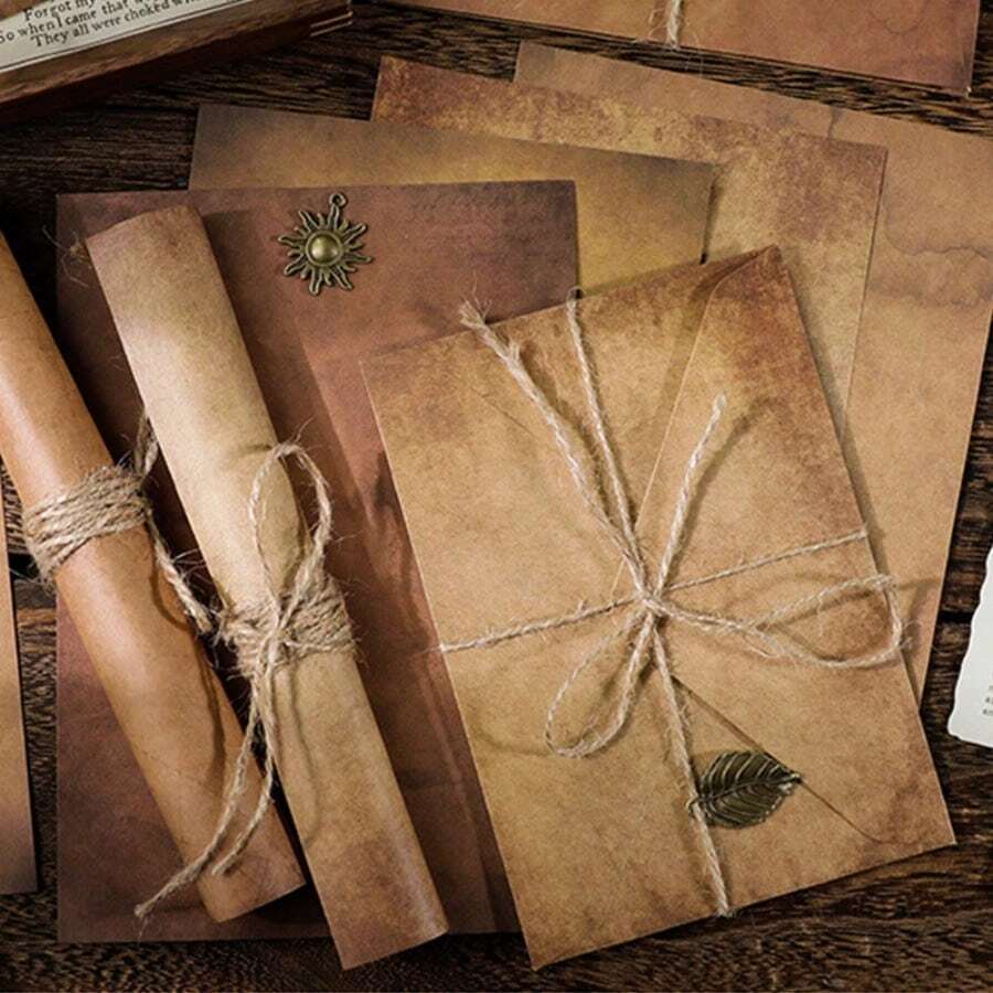 10件組復古牛皮紙文具套裝 - 優雅婚禮邀請函套件附金屬裝飾,包含天然麻繩與信封,適合新娘DIY禮物、生日派對及浪漫約會 (10件組) - 1 Set - 查看 1