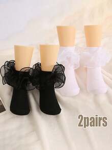 2 pares de calcetines cortos casuales de uso diario con volantes de unicolor para niñas, calcetines escolares, uso versátil para el día a día - Blanco y Negro - Ver 9