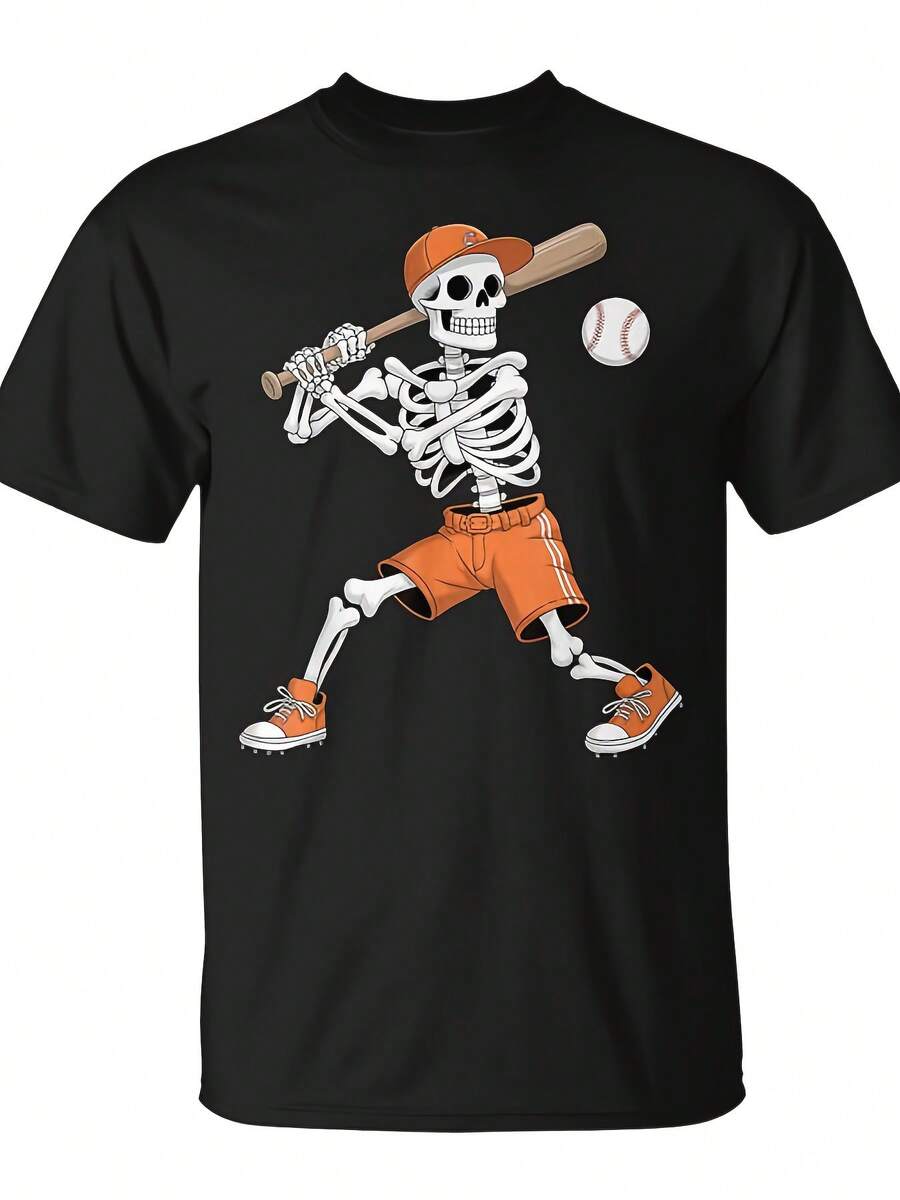 Men's Black T-Shirt With A Baseball Player And Skull Print, Perfect For Casual Sportswear. This Unisex T-Shirt Is Soft And Short-Sleeved, Making It Ideal For Everyday Wear, Parties, And Outings. - 黑色 - 查看 1