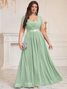 Plus Size Heart Neckline Sequin Floral Lace Contrast Color Rhinestone Ribbon Waist Chiffon Pleated Hem Formal Party Long Dress, Wedding Guest Dress, Prom Dress - Mint Green - View 2
