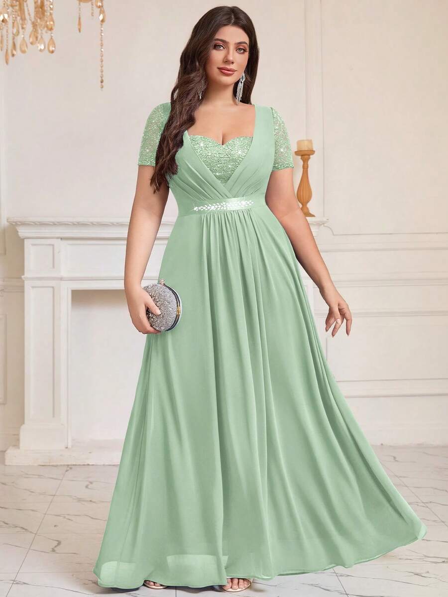 Plus Size Heart Neckline Sequin Floral Lace Contrast Color Rhinestone Ribbon Waist Chiffon Pleated Hem Formal Party Long Dress, Wedding Guest Dress, Prom Dress