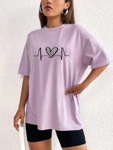 The Hottest Item Of The Summer: Pure Cotton T-Shirt, Crew Neck T-Shirt With Heart Print, Graphic Tees With Cheetah Print For Women, Stylish Pure Cotton T-Shirt. Stylish, Popular, Party T-Shirt. - 紫色 - 查看 5