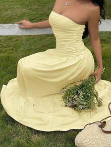 YkhahaSHEIN  Vestido de verano casual, elegante y plisado de color verde pistacho sin tirantes, adecuado para vacaciones, vestido verde sin tirantes, vestido de dama de honor verdeYkhaha - Albaricoque - Ver 2