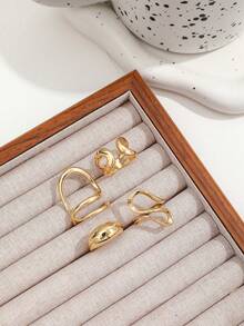 4pcs/Set Fashionable Bohemian Geometric Hollow Asymmetric Metal Adjustable Ring Set, Women Jewelry Accessories, Ideal Gift For Friends - Gold - View 3