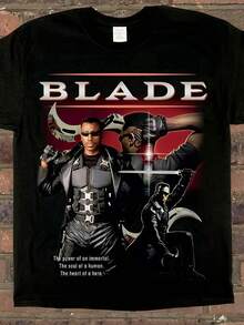 Blade Men's Black Short-Sleeved Shirt, Breathable, Crew Neck, Casual, Made Of Cotton, Suitable For All Seasons, A Great Gift Idea For Friends. Loose And Comfortable. - 後退 - 查看 6