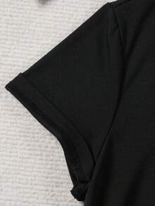 Women's Casual Black T-Shirt - Oasis Style With Embossed Letter Print, Short Sleeves And Round Neck, Made Of Stretchy Fabric, Perfect For Everyday Wear In Spring And Summer - 黑色 - 查看 4