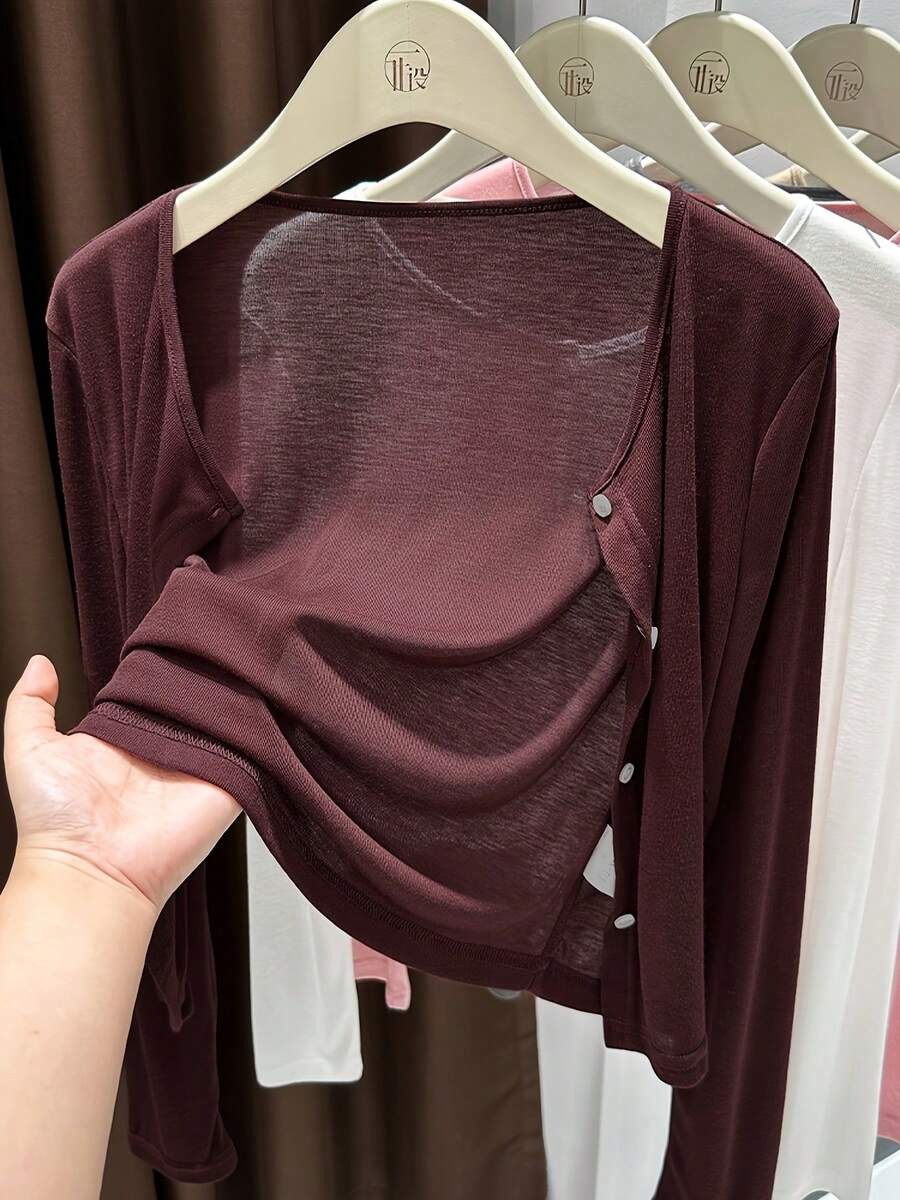 Women's Cardigan | Lightweight Long-Sleeve Cover-Up | Breathable Summer Kimono | Loose-Fitting Shield Vest | Outerwear For Dresses And Cheongsams | Elegant And Ethereal Bolero - 酒紅色 - 查看 1