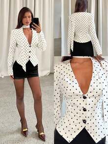 AYYAloruh Blazer elegante de mujer con estampado de lunares para uso diario, otoño, para mujeres, otoño, blazer de mujer, elegante, de vuelta al colegio, para profesoras, de escote en V profundo, ajustado, con cinta independiente, elegante y sencillo, romántico, adecuado para ir al trabajo o citas, con patrón de lunares en blanco y negroAYY - Negro - Ver 9