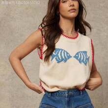 Fengyu Women's Clothing Store  Chaleco de punto con cuello redondo, tejido con puntadas múltiples y diseño de pez intarsia, ideal para primavera, resort, verano, uso casual, lindo, playa, vacaciones, Nashville, estilo vaquera, ropa occidental para mujer - Albaricoque - Ver 1