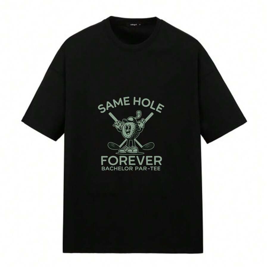 Short-Sleeved T-Shirt With Golf Ball And Golf Clubs Print, Ideal For Use On The Golf Course, Holidays, Bachelorette Parties, Sporting Events, Casual Walks, Regular Fit, Casual Style, Comfortable And Breathable. - 黑色 - 查看 1