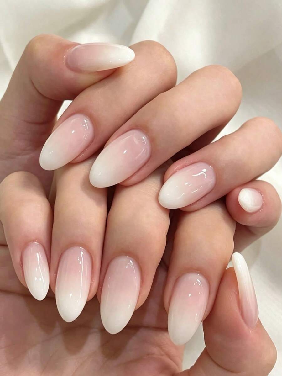 24pcs Medium Almond Shaped Artificial Nails Set, Natural Nude Pink Gradient To White, Glossy Finish Fake Nails, Reusable And Easy To Apply, Perfect For Daily/Office/Party Wear - Baby Pink - View 1